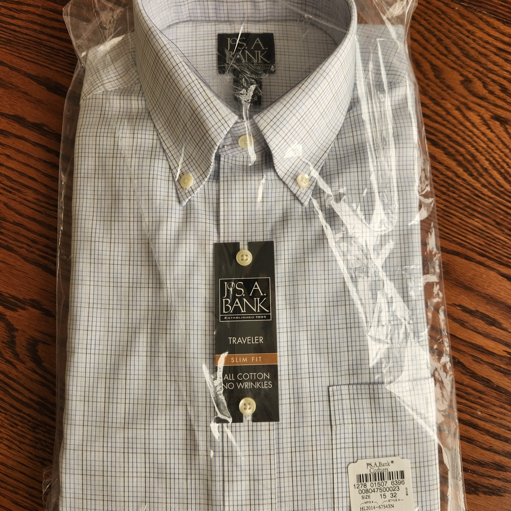 Jos. A. Bank Men's Slim Fit Traveler Shirt - White Blue Plaid